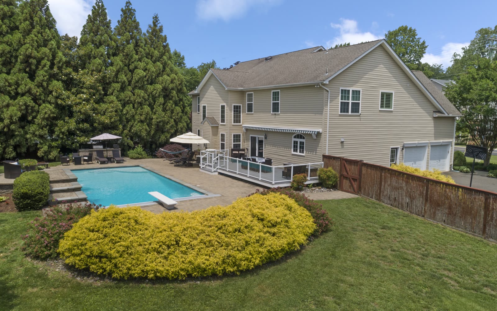 Aerial of a Maryland listing: pool, deck and backyard